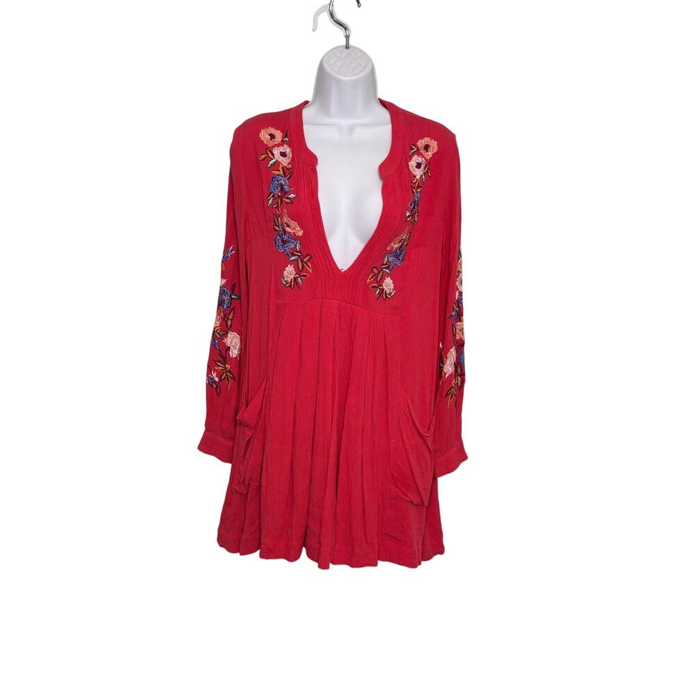 Free People Mia Red Floral Embroidered Gauze Long Sleeve Mini Swing Dress S